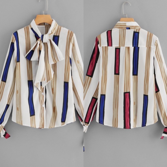 STRIPE PUSSY BOW LONG SLEEVE TOP - Picture 2 of 3